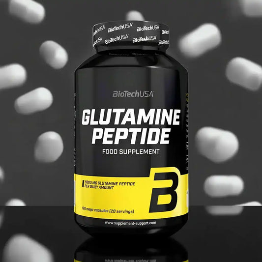 BiotechUSA Glutamine Peptide Nahrungsergänzungsmittel in einer schwarzen Dose