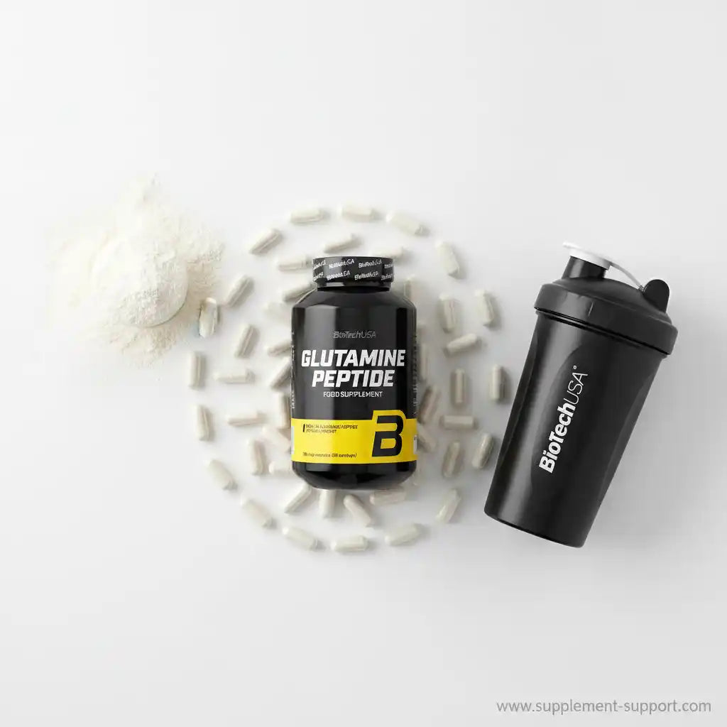 BiotechUSA Glutamine Peptide Nahrungsergänzungsmittel mit Kapseln und Shaker.