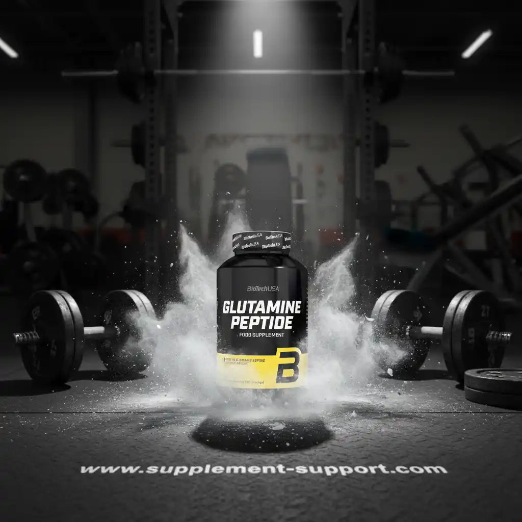 BioTechUSA Glutamine Peptide Nahrungsergänzungsmittel in einem Fitnessstudio mit Hanteln.