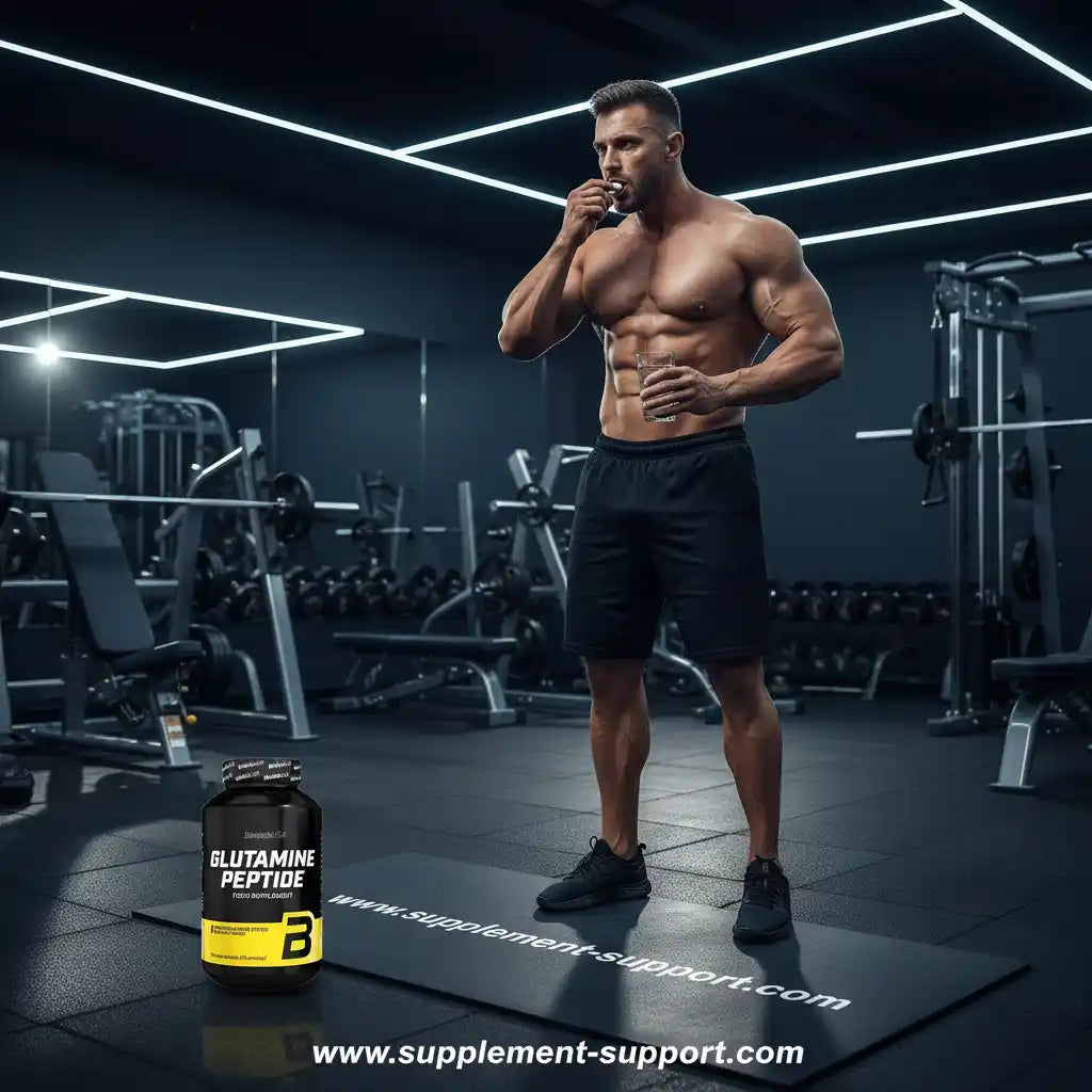 Muskulöser Sportler im Fitnessstudio mit Glutamin Peptid Nahrungsergänzungsmittel.