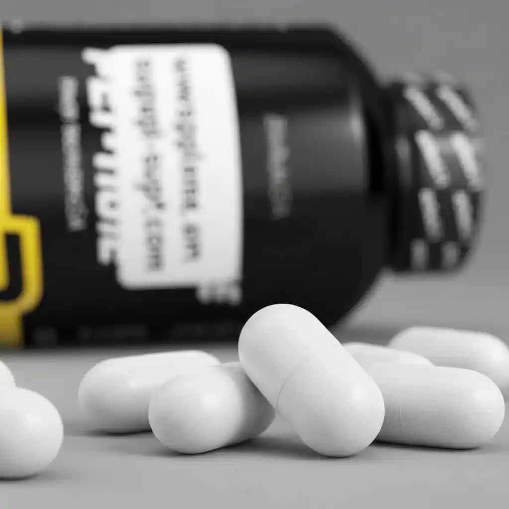 Weiße Nahrungsergänzungsmittel-Kapseln vor einer schwarzen Supplement-Dose.