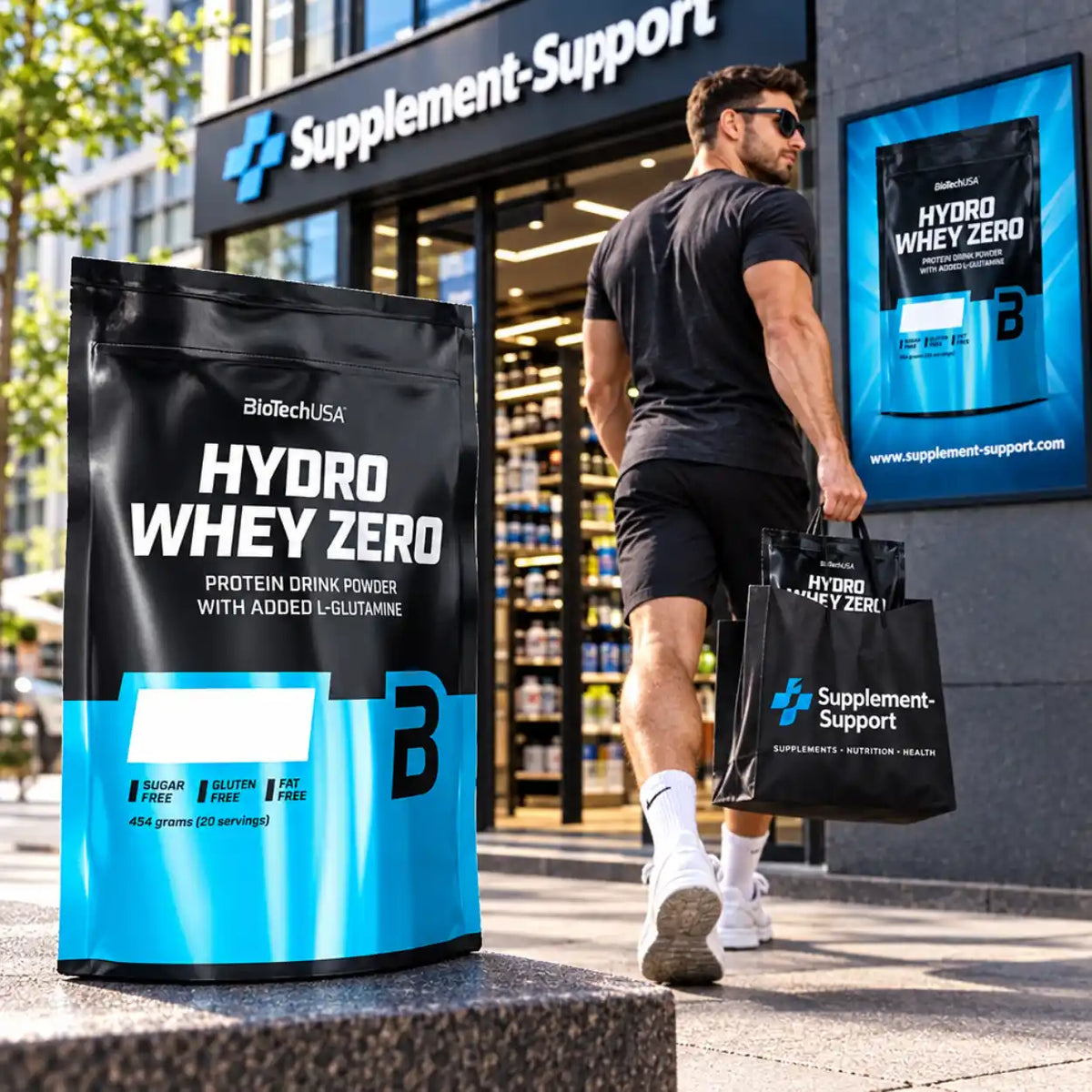 BioTech USA Hydro Whey Zero Proteinpulver Beutel vor einem Supplement-Support Store