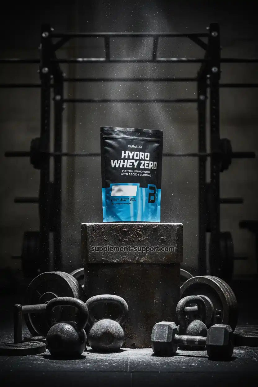 Hydro Whey Zero Proteinpulver in Fitness-Studio mit Hanteln und Kettlebells, ideal für Sportler und Fitness