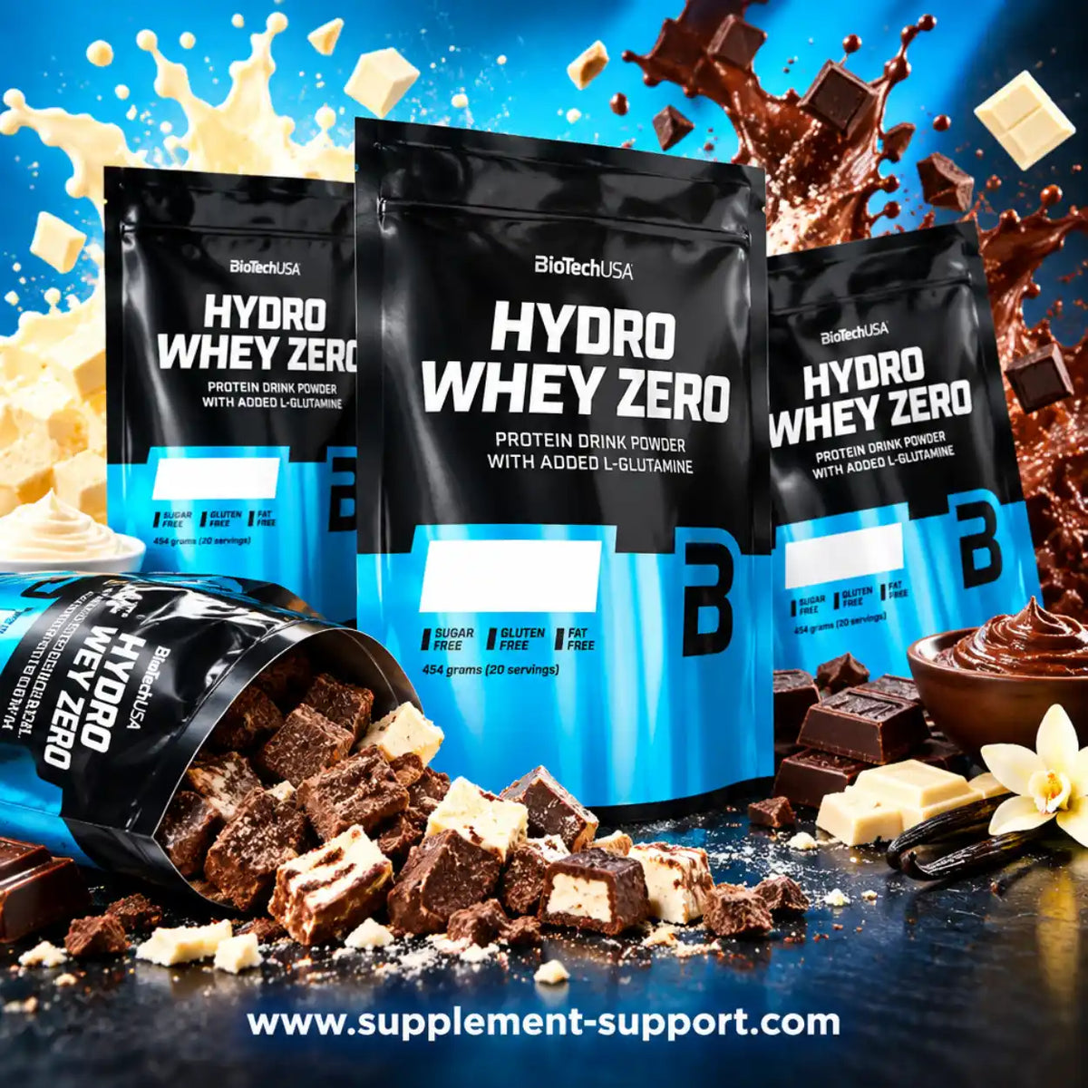 BioTech USA Hydro Whey Zero Proteinpulver mit Schokoladenstücken und Milchspritzern