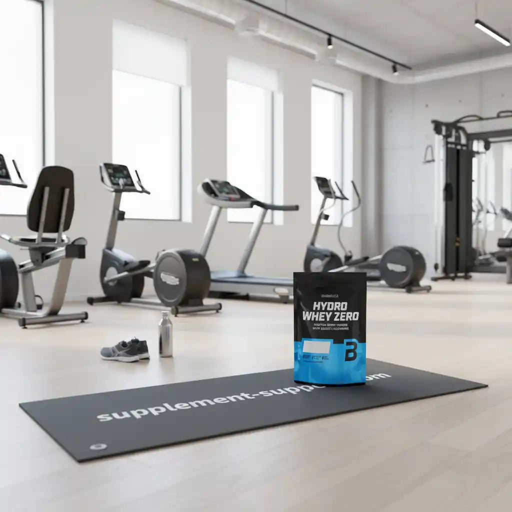 Hydro Whey Zero Eiweißpulver auf Yogamatte im Fitnessstudio, ideal für Sportler und Fitness-Enthusiasten