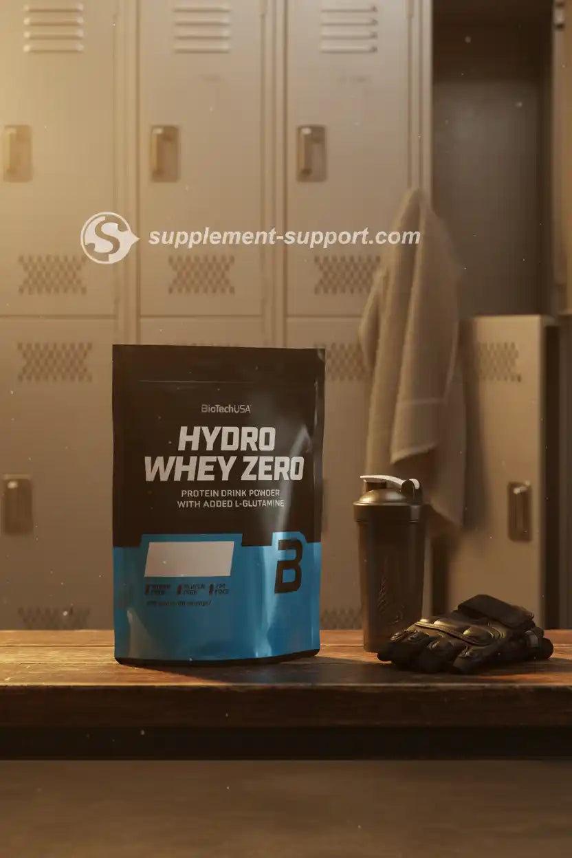 Hydro Whey Zero Proteinpulver von BioTechUSA im Fitnessumkleideraum mit Shaker und Handschuhen