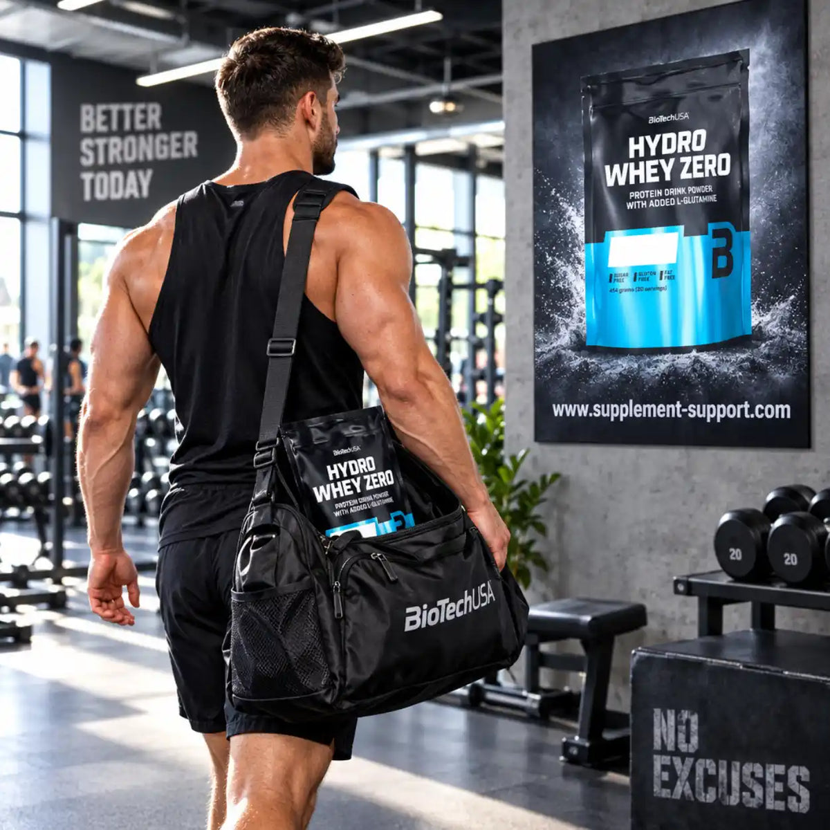 Muskulöser Mann mit BioTech USA Hydro Whey Zero Protein in einer Sporttasche im Fitnessstudio.