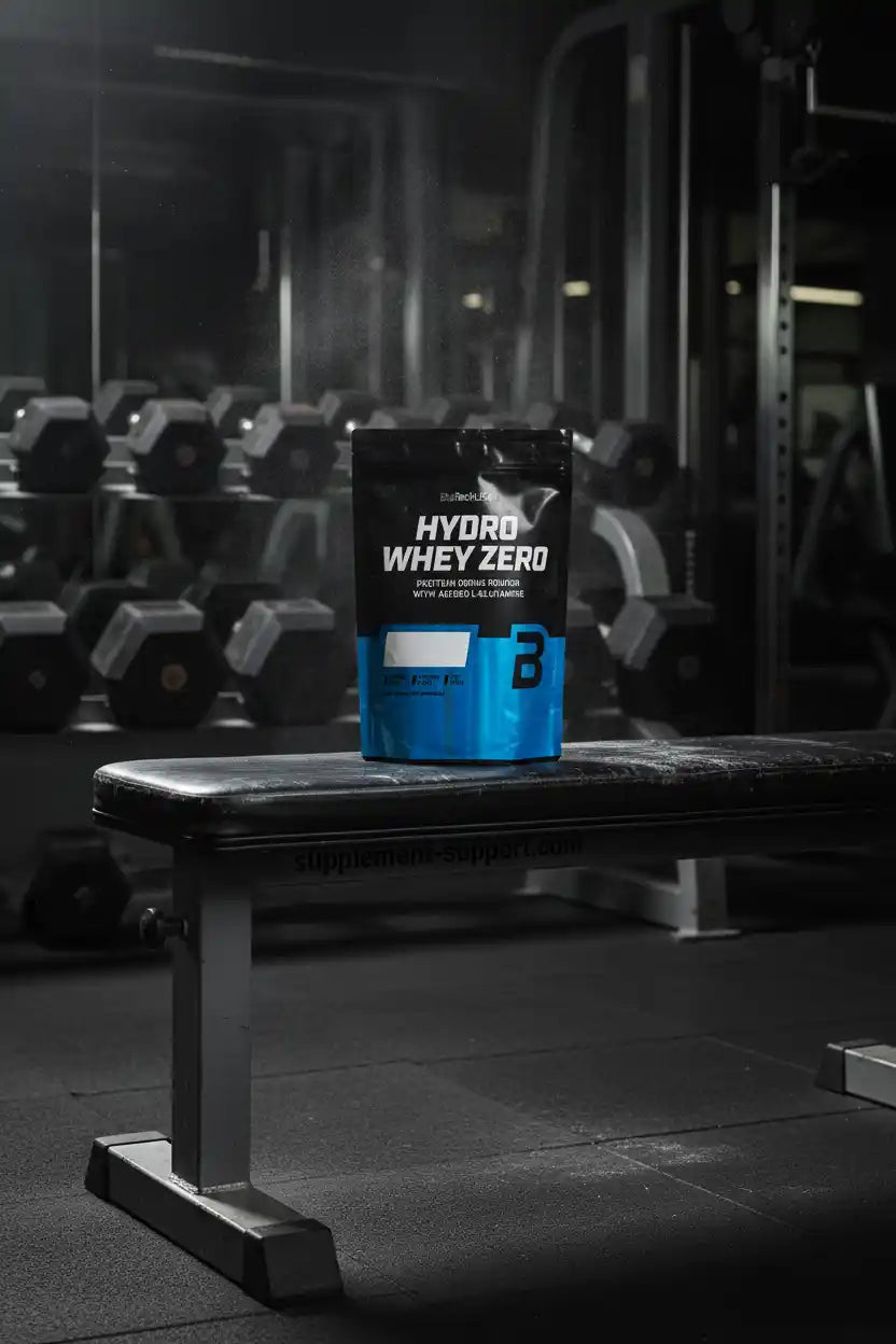 Hydro Whey Zero Proteinpulver auf Bank im Fitnessstudio, ideal für Sportler und Muskelaufbau