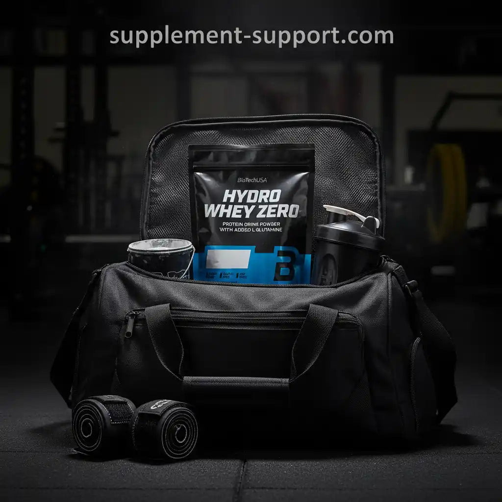 Hydro Whey Zero Proteinpulver in Sporttasche mit Shaker und Hanteln im Fitnessstudio