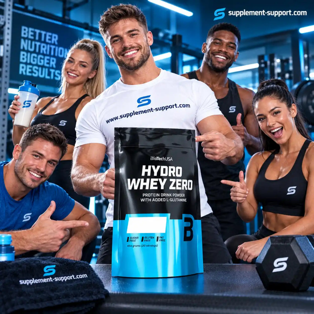 BioTech USA Hydro Whey Zero Proteinpulver-Packung, präsentiert von vier Fitness-Models im Gym.