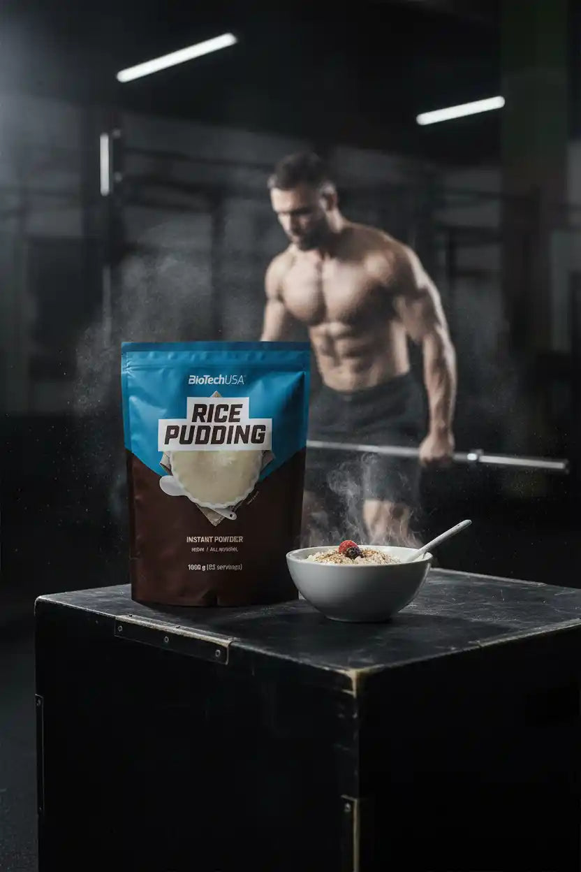 BiotechUSA Rice Pudding Instant Powder vor einem muskulösen Sportler im Fitnessstudio.