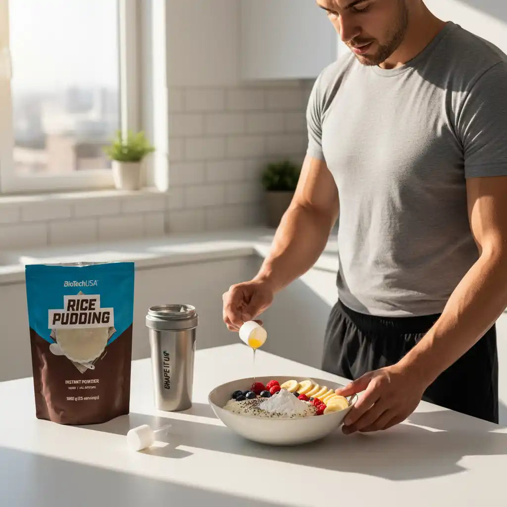Mann bereitet Reispudding mit Supplement-Pulver und frischem Obst zu.