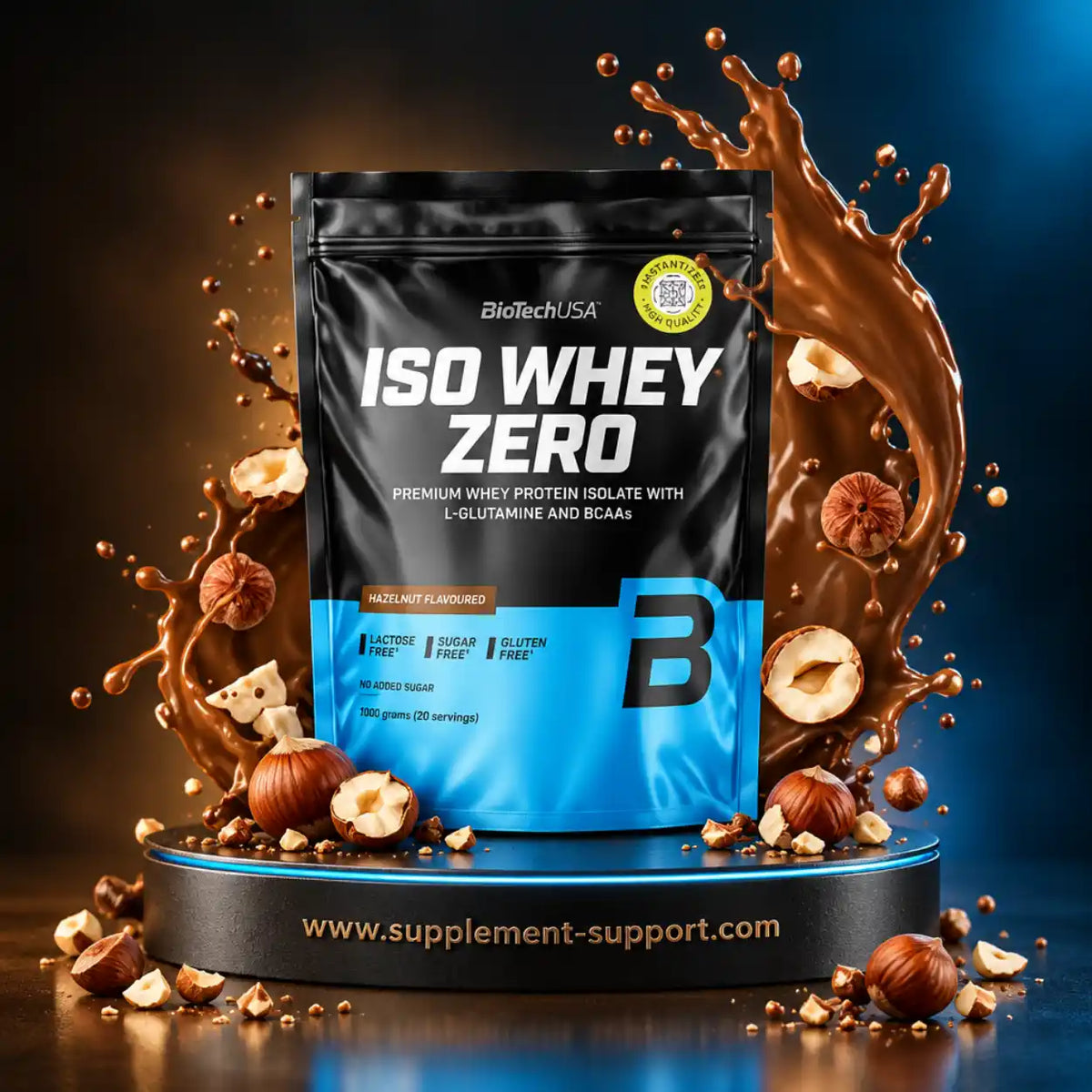 BioTech USA Iso Whey Zero Protein Isolat mit Haselnussgeschmack und Schokoladenspritzer