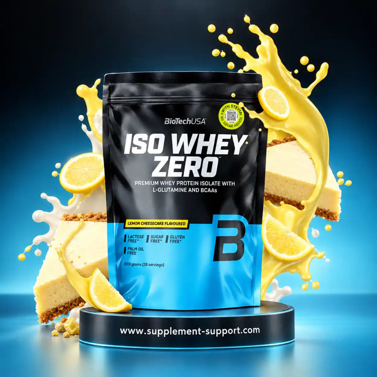 BioTech USA Iso Whey Zero Proteinpulver Geschmack Lemon Cheesecake mit Zitronenscheiben