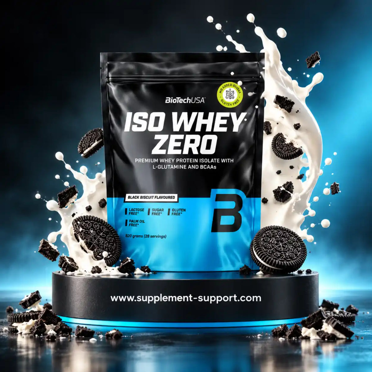BioTech USA Iso Whey Zero Proteinpulver Geschmack Black Biscuit mit Milchspritzern und Keksen