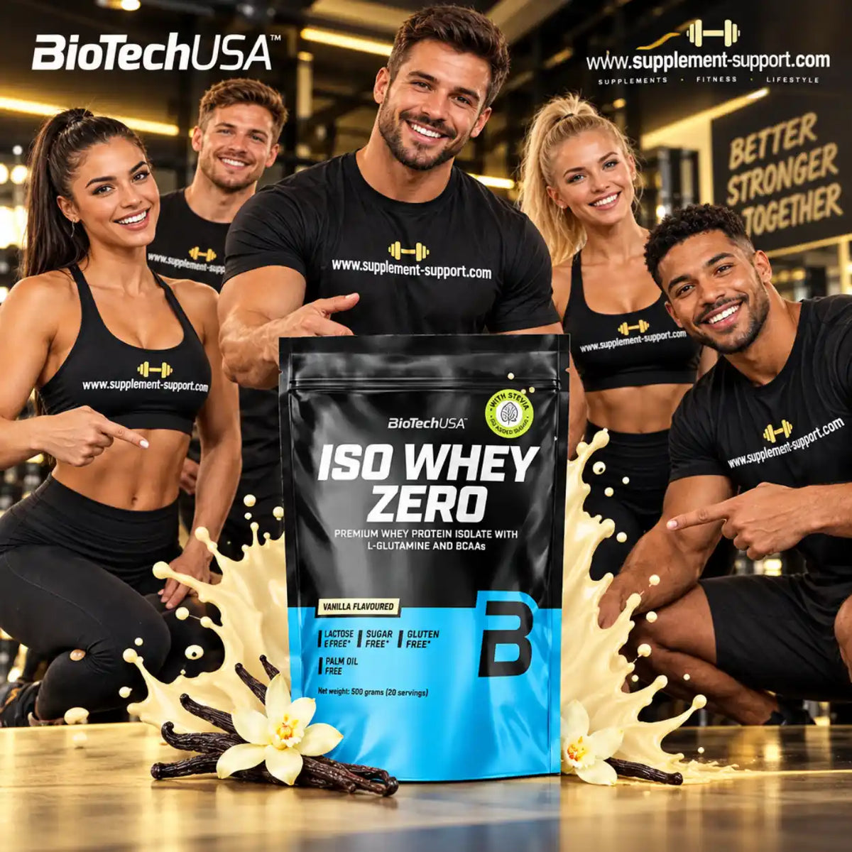 BioTech USA Iso Whey Zero Proteinpulver in Vanille mit sportlichen Menschen im Fitnessstudio