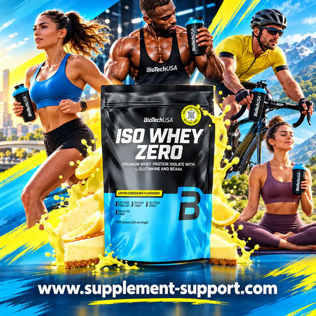 BioTech USA Iso Whey Zero Proteinpulver in Lemon Cheesecake Geschmack mit Sportlern.