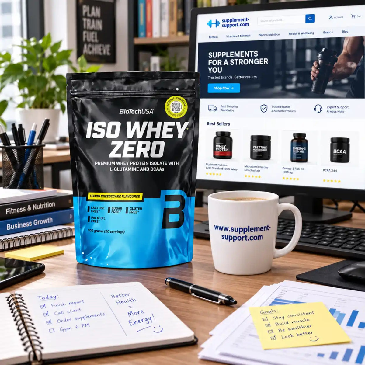 BioTech USA Iso Whey Zero Proteinpulver auf einem Schreibtisch neben einem Laptop und Kaffee.