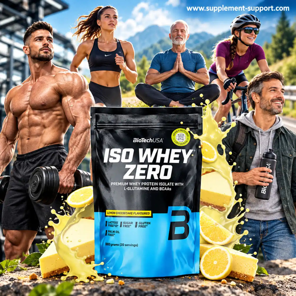 BioTech USA Iso Whey Zero Whey Protein Isolat Geschmack Lemon Cheesecake mit Sportlern