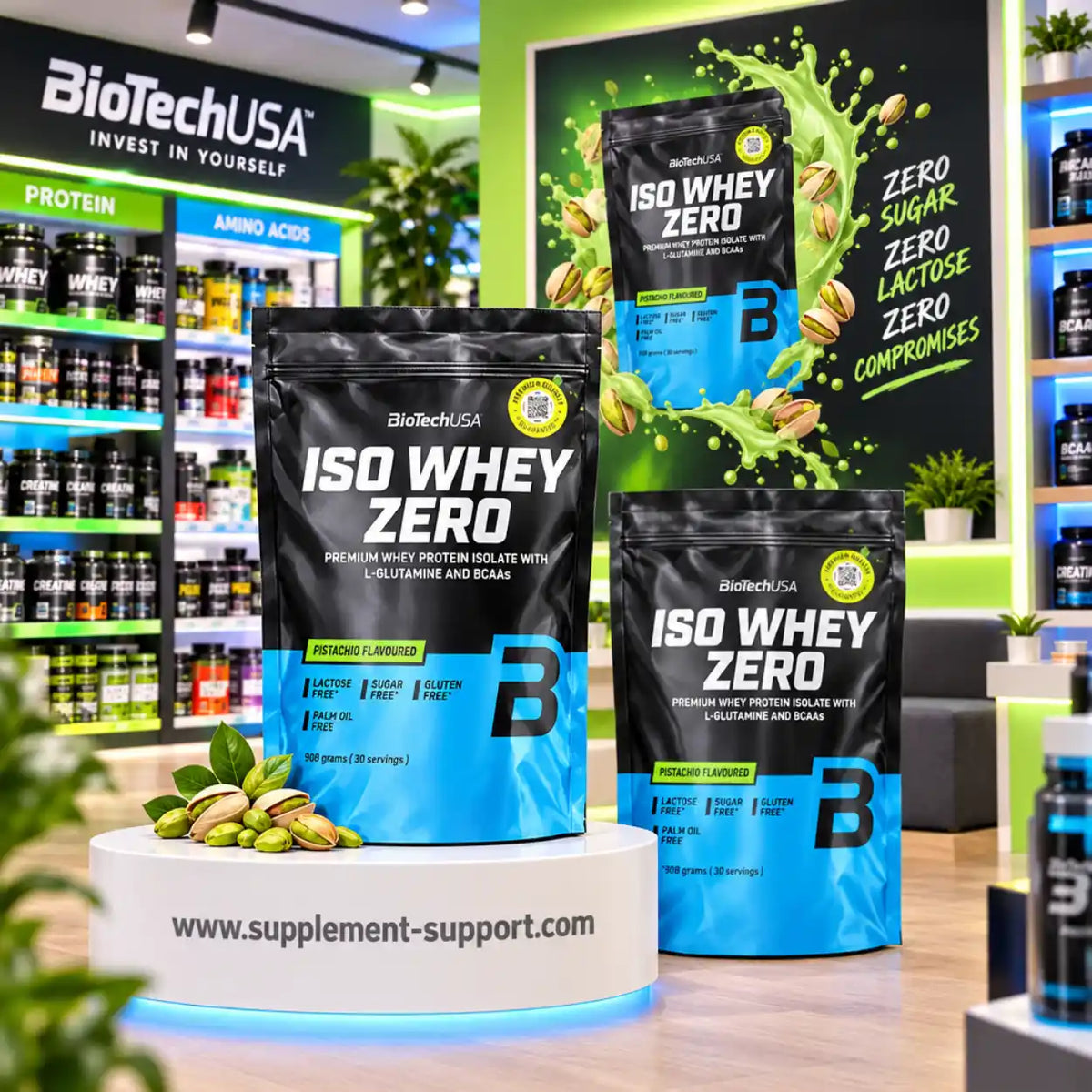 BioTech USA Iso Whey Zero Proteinpulver in Pistazien-Geschmack auf weißem Podest.