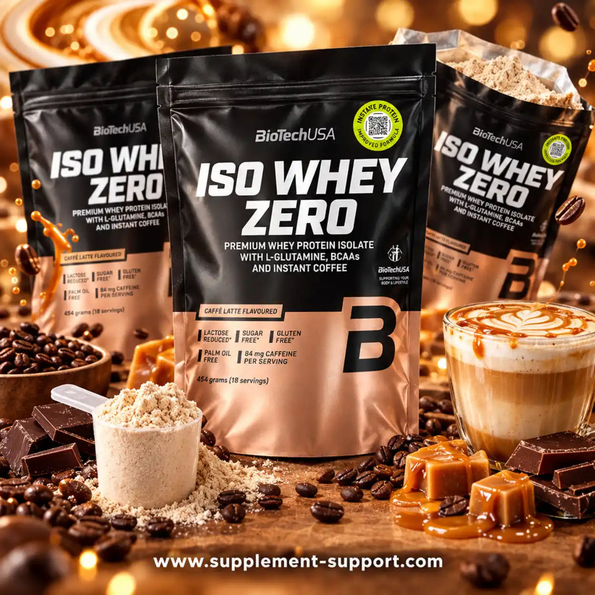 BioTech USA Iso Whey Zero Proteinpulver im Caffè Latte Geschmack mit Kaffeebohnen und Karamell.
