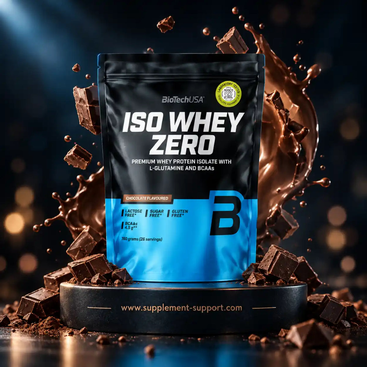 BioTech USA Iso Whey Zero Proteinpulver Schokolade mit Schokoladenstücken und Spritzern