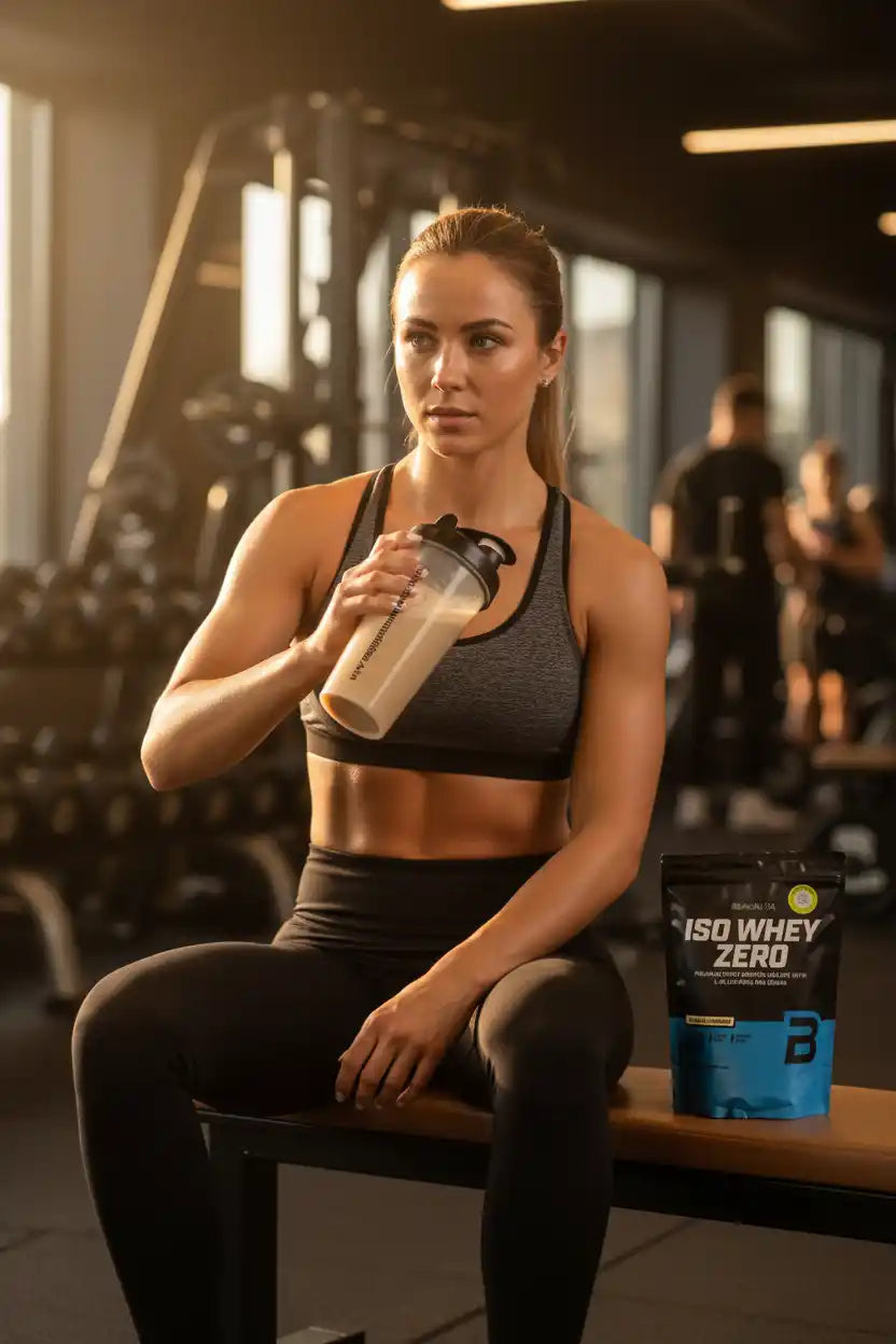 Frau im Fitnessstudio mit ISO WHEY ZERO Proteinshake und Sportnahrung