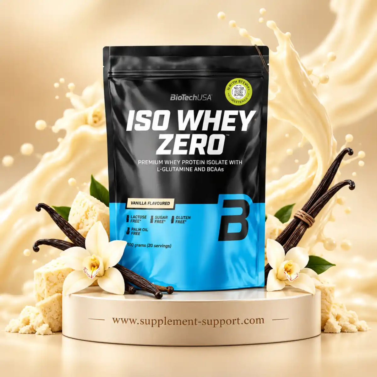 BioTech USA Iso Whey Zero Whey Protein Isolat in Vanille mit Vanilleschoten und Milchspritzer.