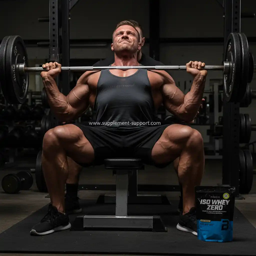 Muskulöser Athlet beim Bankdrücken mit ISO WHEY ZERO Protein im Fitnessstudio