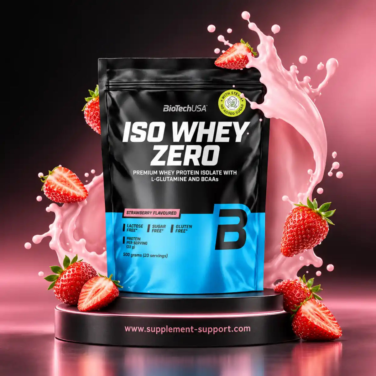 BioTech USA Iso Whey Zero Proteinpulver Erdbeere mit spritzender Milch und frischen Erdbeeren