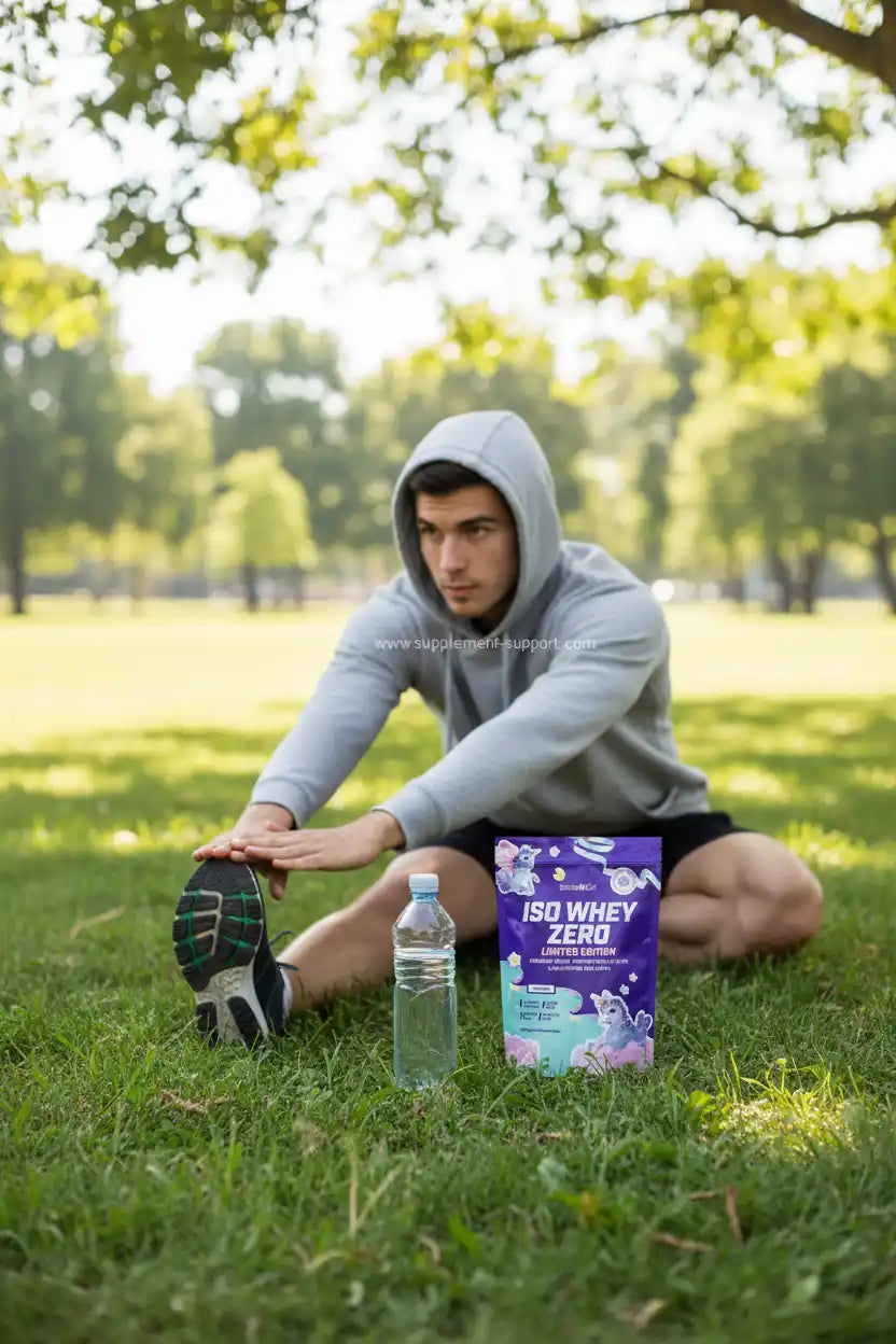 Mann dehnt im Park mit ISO Whey Zero Proteinshake und Wasser – ideal für Fitness & Sportler