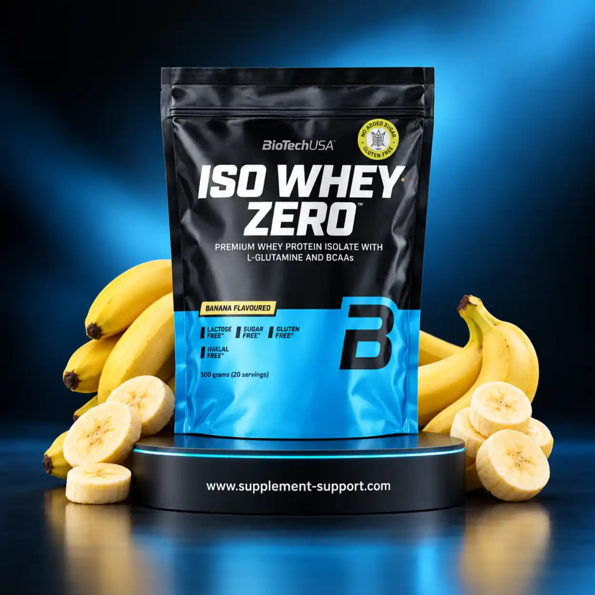 BioTech USA Iso Whey Zero Whey Protein Isolat mit Bananengeschmack und frischen Bananen.