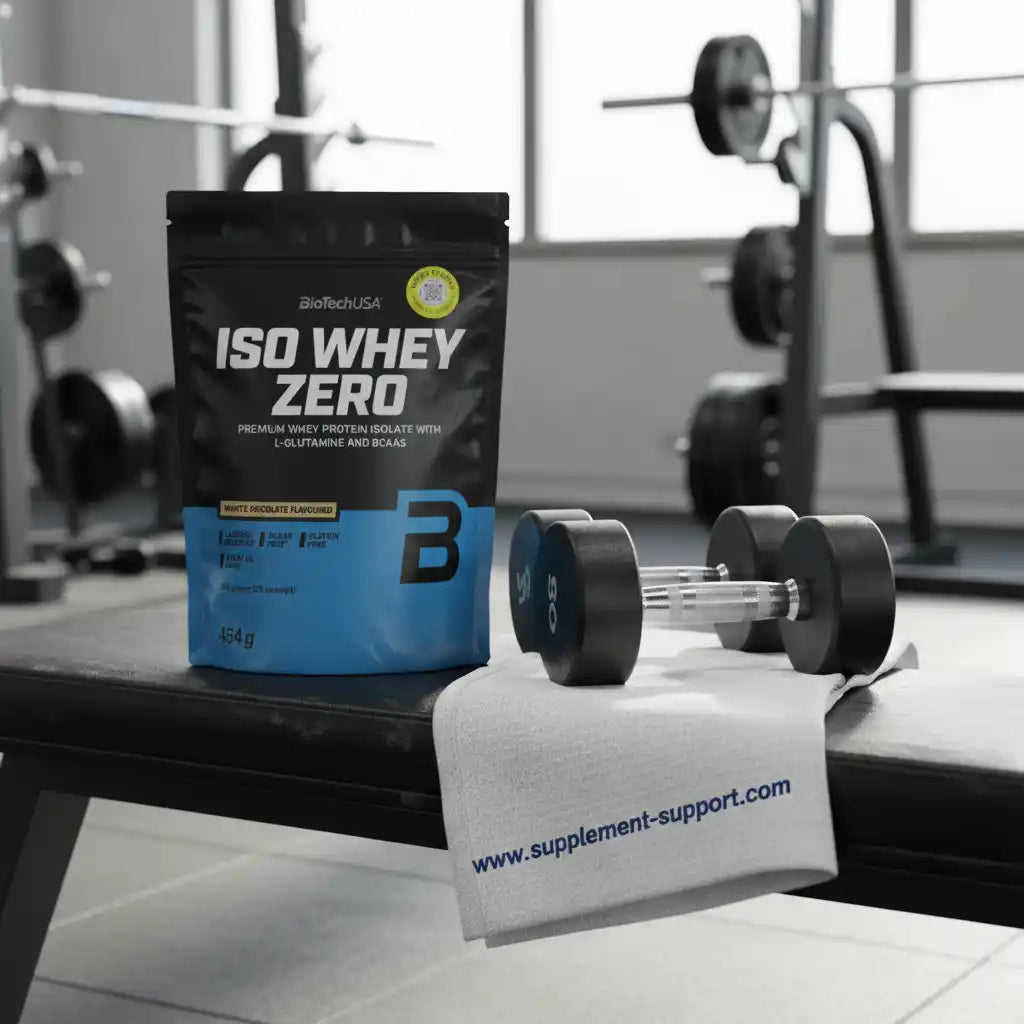 ISO Whey Zero Proteinpulver von BioTechUSA mit Hanteln im Fitnessstudio, ideal für Sportler und Muskelaufbau