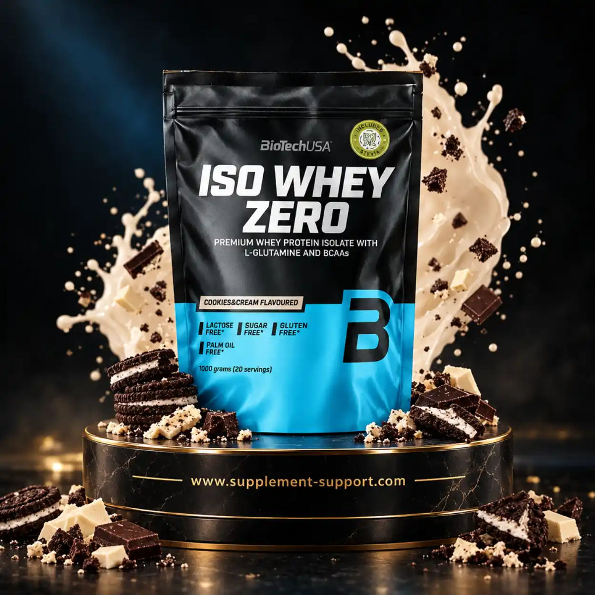 BioTech USA Iso Whey Zero Proteinpulver Geschmack Cookies & Cream mit Milchspritzer und Keksen
