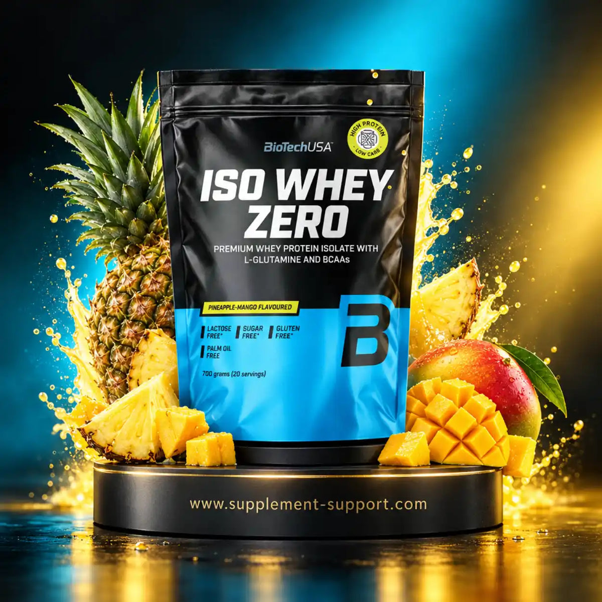 BioTech USA Iso Whey Zero Whey Protein Isolat im Ananas-Mango Geschmack mit Früchten.