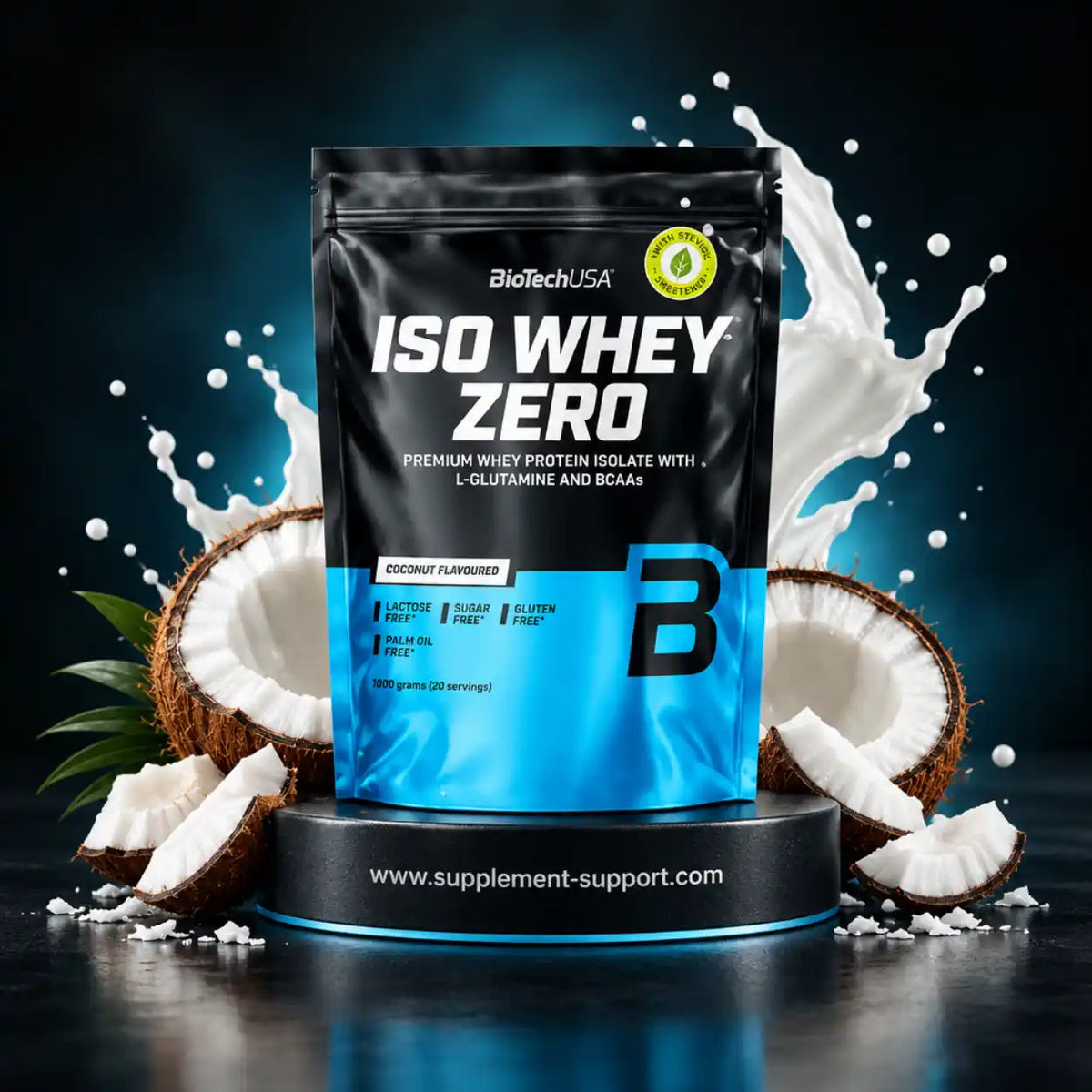 BioTech USA Iso Whey Zero Molkenprotein Isolat Kokosgeschmack mit Kokosnüssen und Milchspritzer