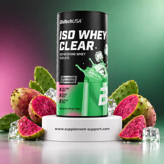 BioTech USA Iso Whey Clear Proteinpulver Geschmack Kaktusfeige mit frischen Früchten und Eiswürfeln