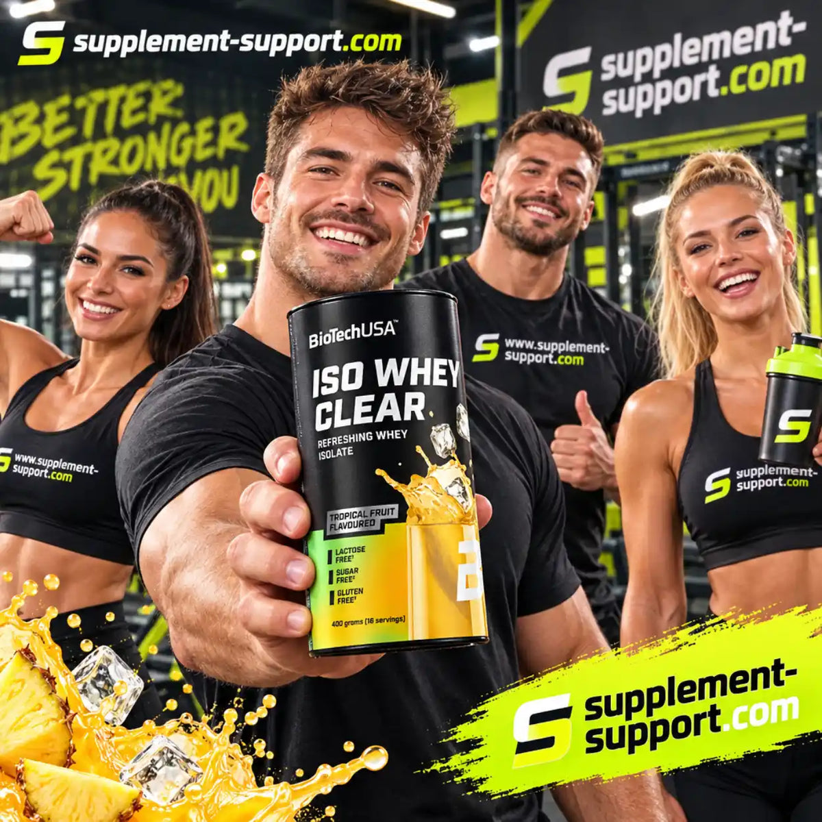 BioTech USA Iso Whey Clear Protein Pulver in Tropical Fruit Geschmack mit lachenden Sportlern.