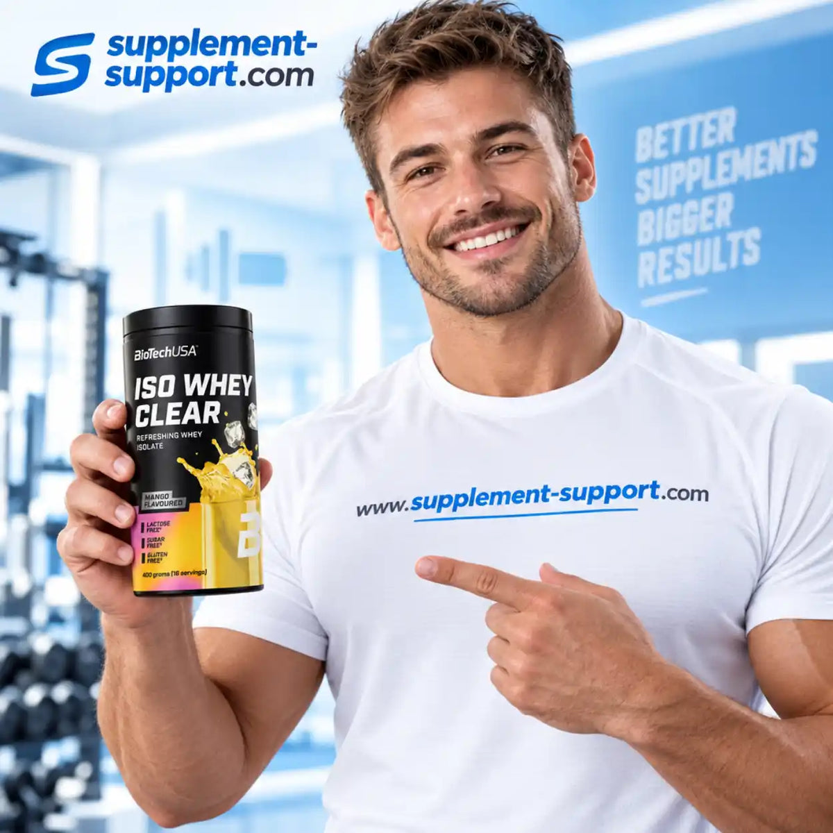 Muskulöser Mann hält eine Dose BioTech USA Iso Whey Clear Protein Pulver in Mango.