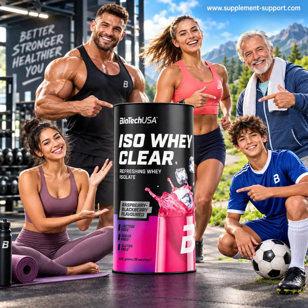 BioTech USA Iso Whey Clear Protein Pulver Himbeere-Brombeere mit Sportlern im Hintergrund