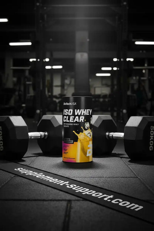 ISO WHEY CLEAR von BioTechUSA, erfrischendes Whey-Gelaté in Fitnessstudio mit Hanteln