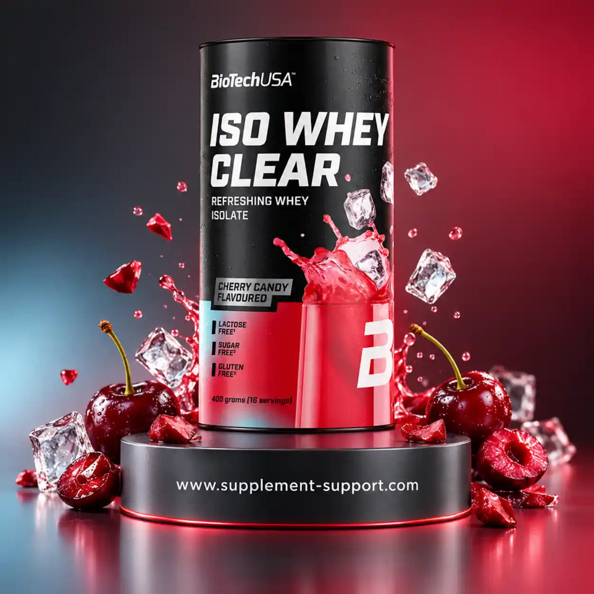 BioTech USA Iso Whey Clear Protein Pulver Kirschgeschmack mit Eiswürfeln und Kirschen