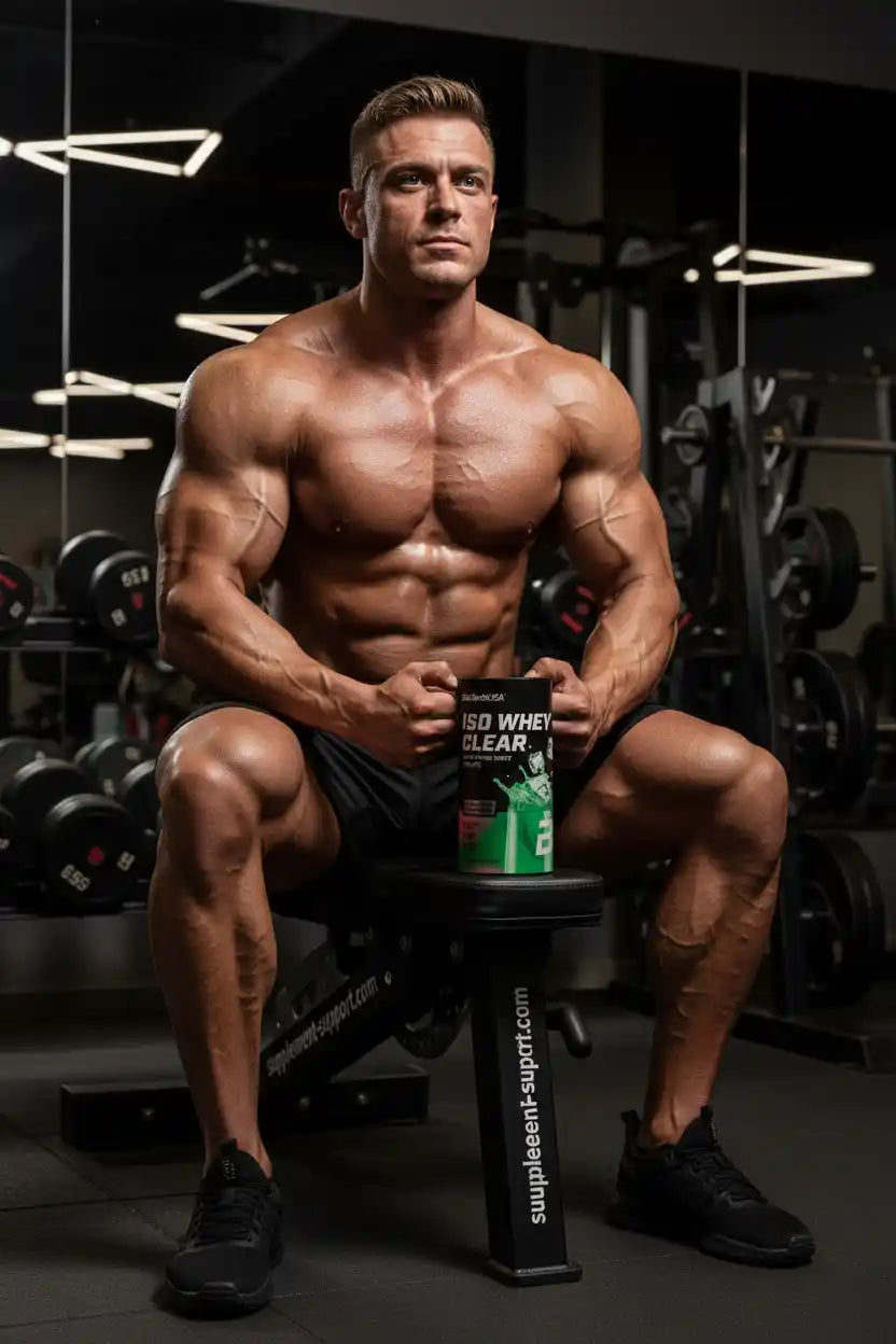 Muskulöser Athlet mit ISO Whey Clear Protein in Fitnessstudio, ideal für Muskelaufbau und Sporternährung