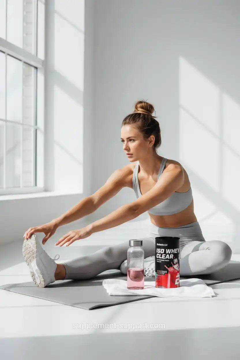 Frau beim Dehnen mit ISO WHEY CLEAR Proteinpulver und Shaker auf Yogamatte, Sportnahrung für Fitness und Training