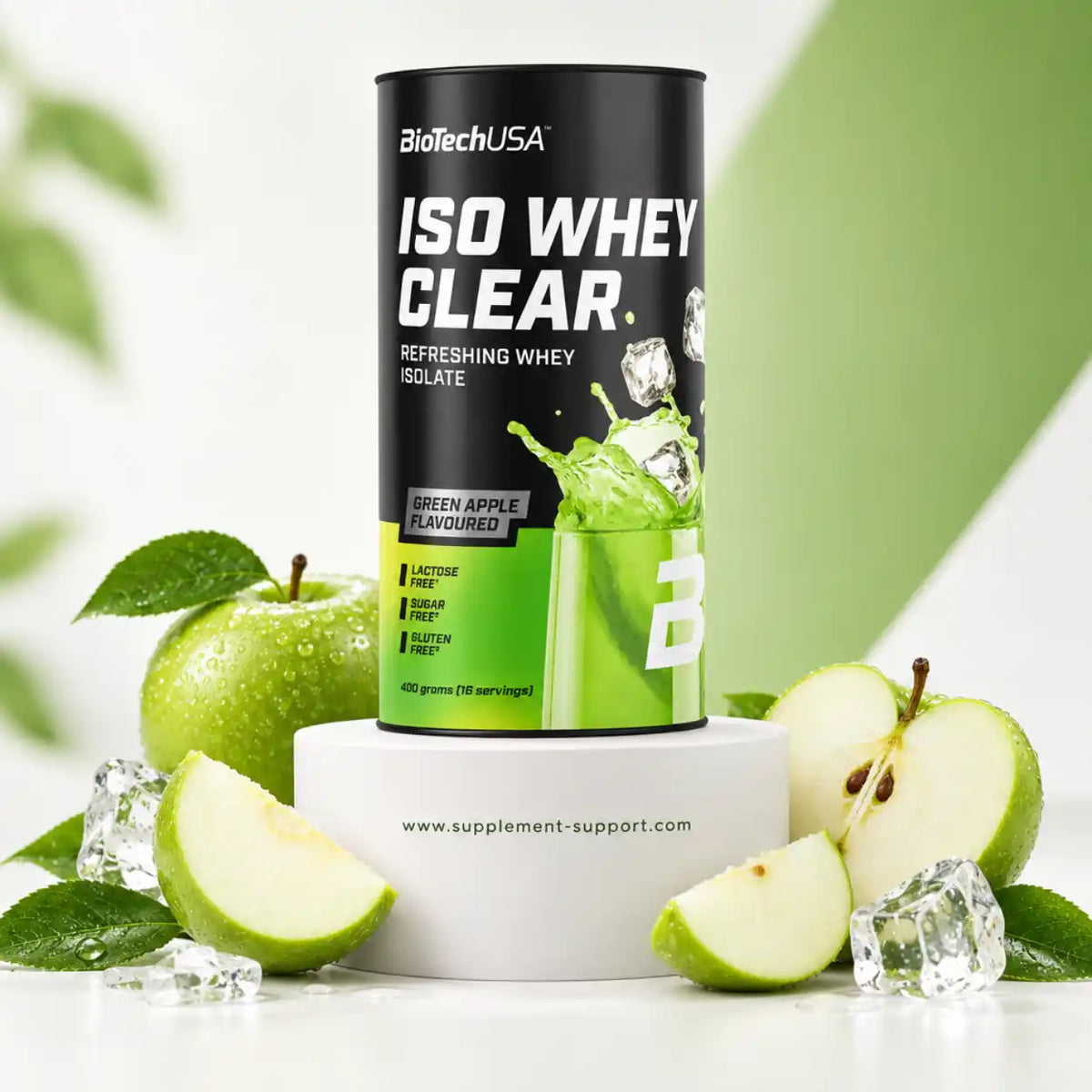 BioTech USA Iso Whey Clear Protein Pulver Geschmack Grüner Apfel mit frischen Apfelstücken