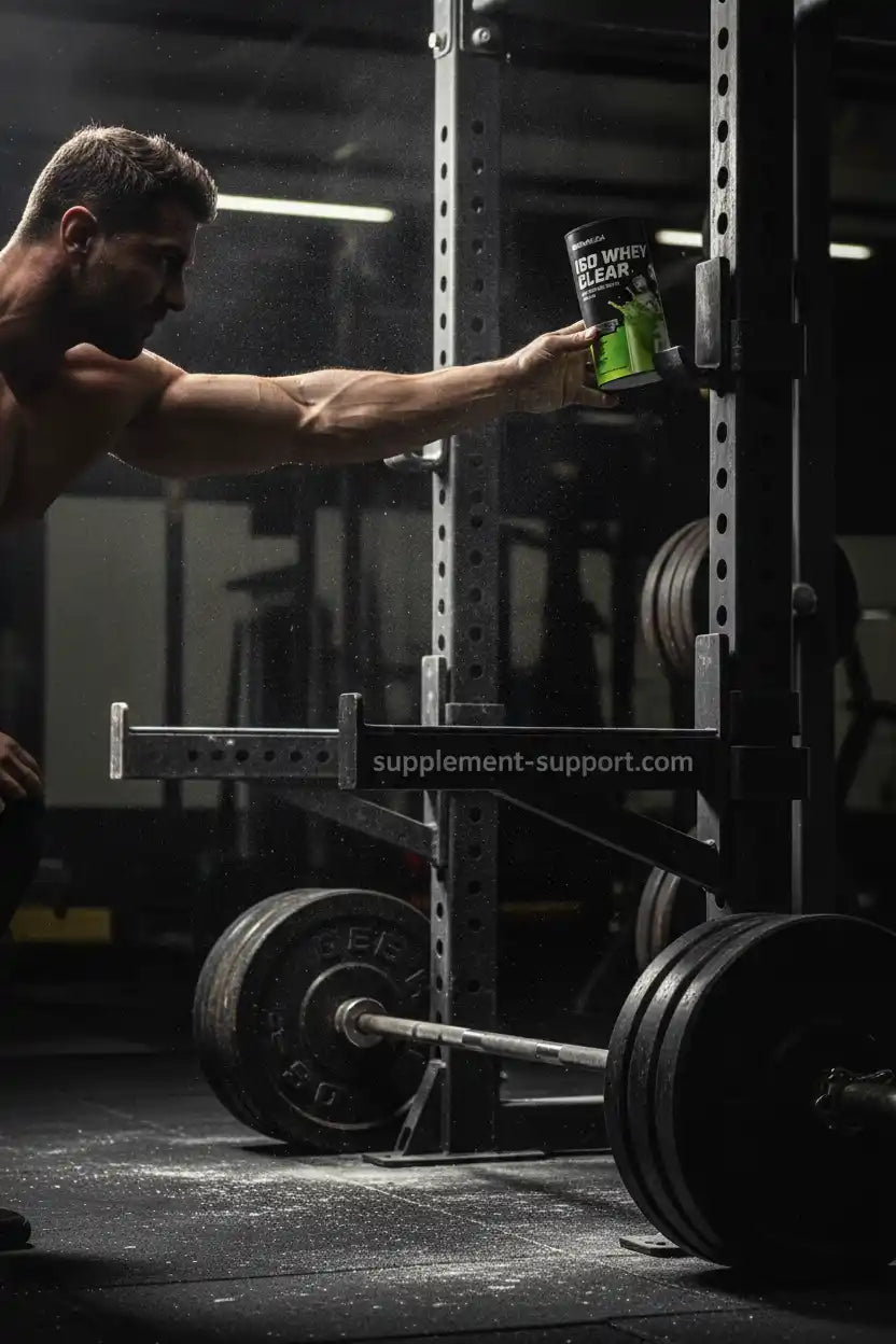 Muskulöser Athlet mit ISO Whey Clear Protein in Fitnessstudio, ideal für Sportler und Fitness-Enthusiasten