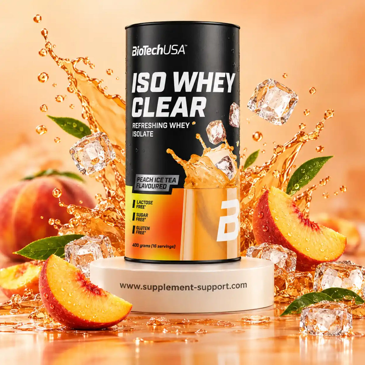 BioTech USA Iso Whey Clear Protein Pulver Peach Ice Tea Geschmack mit Pfirsichen und Eiswürfeln