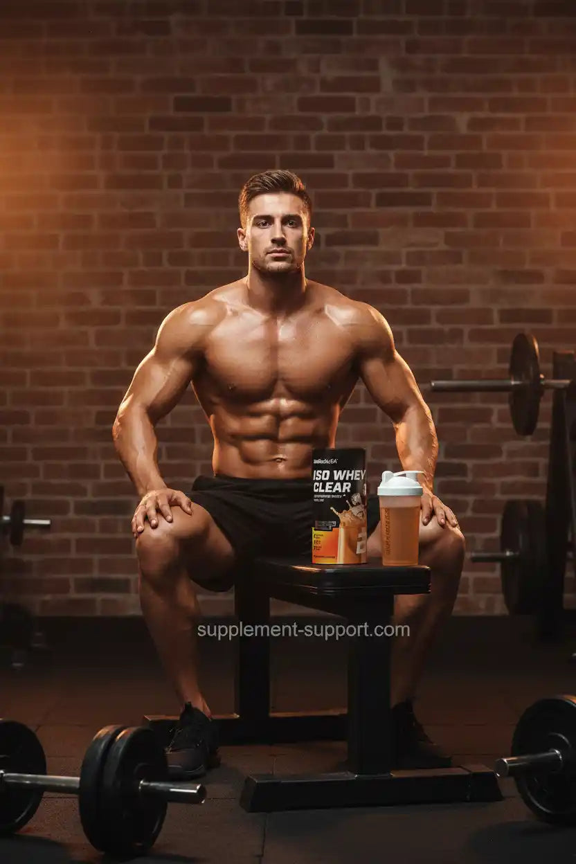 Muskulöser Athlet mit ISO Whey Clear Proteinshake vor Backsteinwand im Fitnessstudio