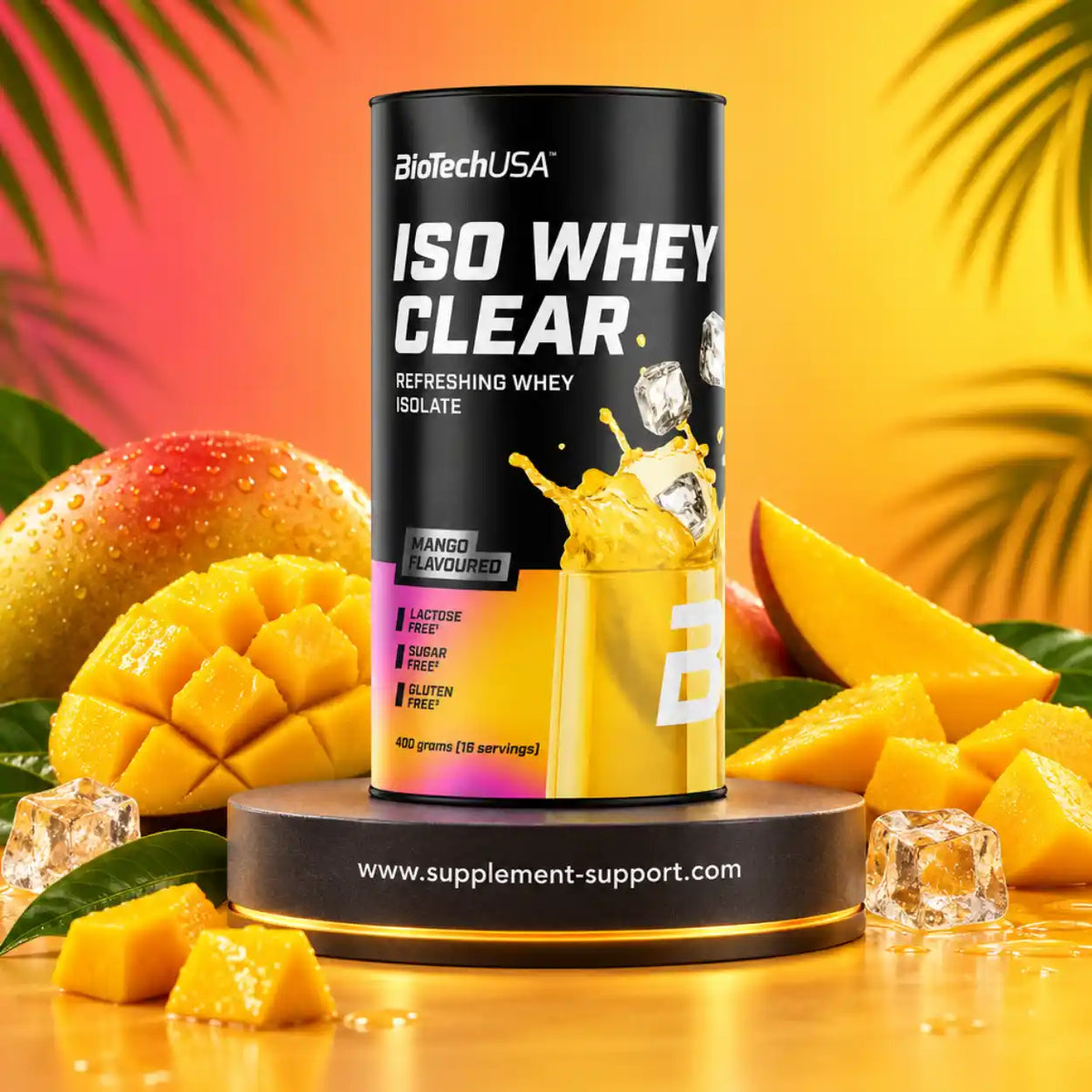 BioTech USA Iso Whey Clear Proteinpulver Mango Geschmack mit frischen Mangostücken und Eiswürfeln