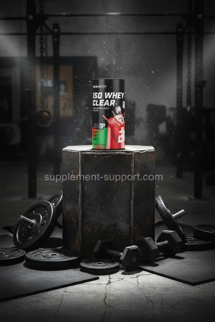 ISO WHEY CLEAR Eiweißshake von BioTechUSA im Fitnessstudio mit Hanteln und Gewichten
